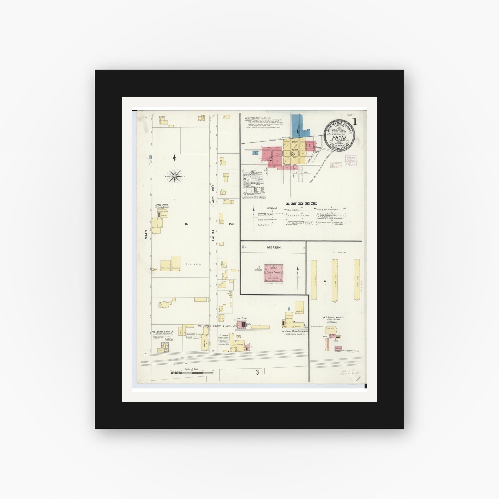 Old map wall art mockup — black gallery frame with white mat — Sanborn Fire Insurance Map from Payne, Paulding County, Ohio (1907), Sheet #0001