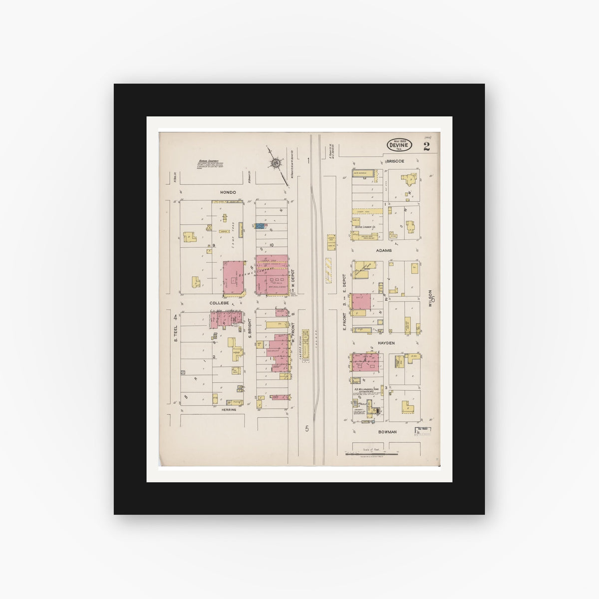 Old map wall art mockup — black gallery frame with white mat — Sanborn Fire Insurance Map from Devine, Medina County, Texas (1922), Sheet #0002