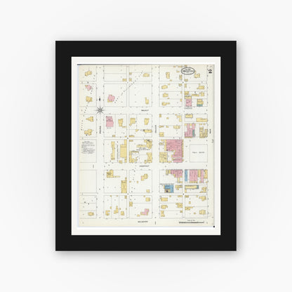 Old map wall art mockup — black gallery frame with white mat — Sanborn Fire Insurance Map from Greenfield, Greene County, Illinois (1906), Sheet #0002