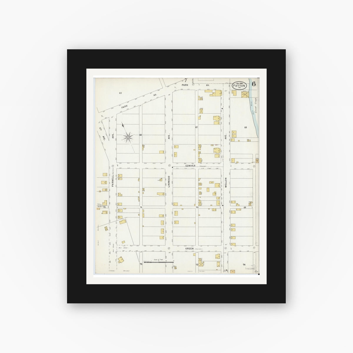 Old map wall art mockup — black gallery frame with white mat — Sanborn Fire Insurance Map from Patton, Cambria County, Pennsylvania (1898), Sheet #0006