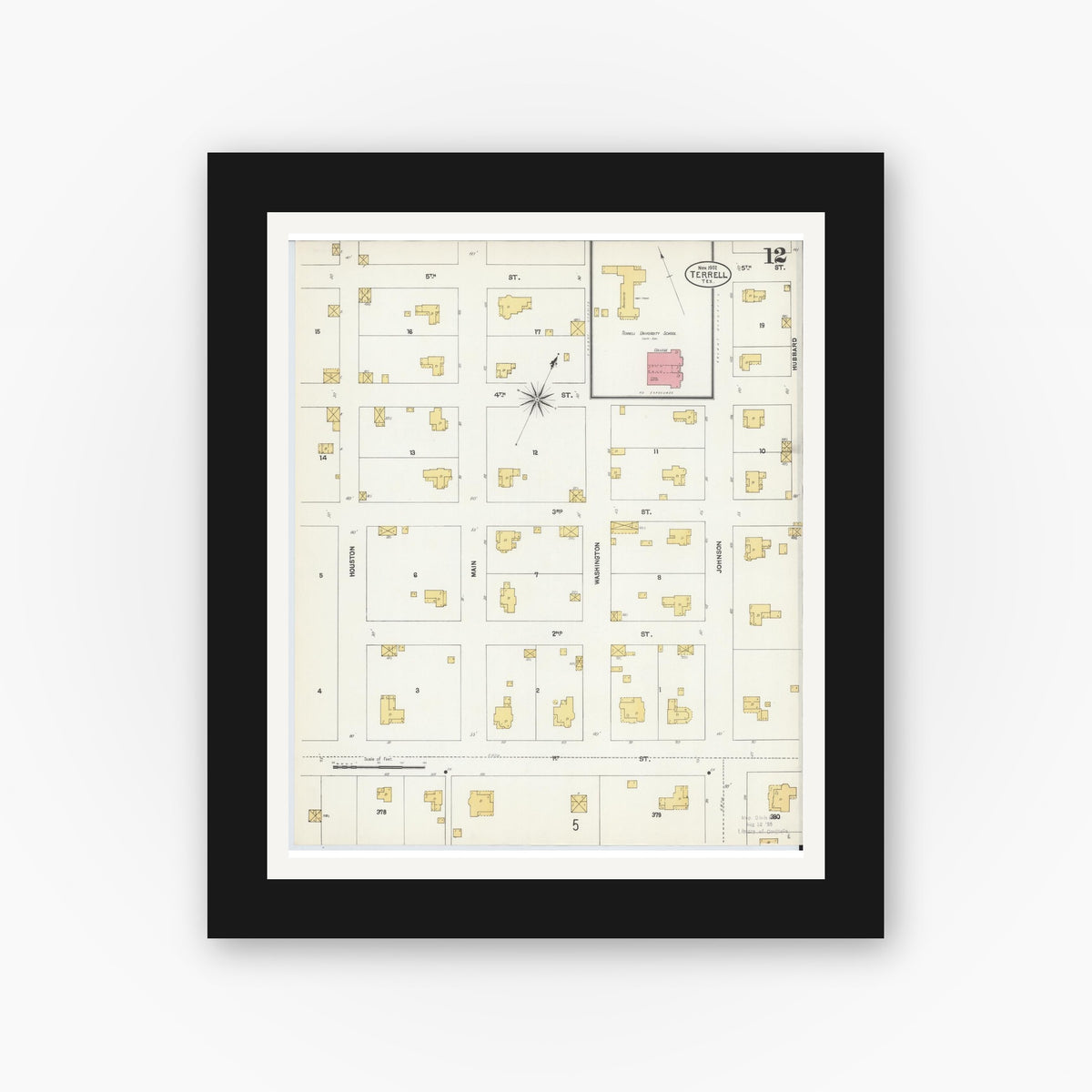 Old map wall art mockup — black gallery frame with white mat — Sanborn Fire Insurance Map from Terrell, Kaufman County, Texas (1902), Sheet #0012