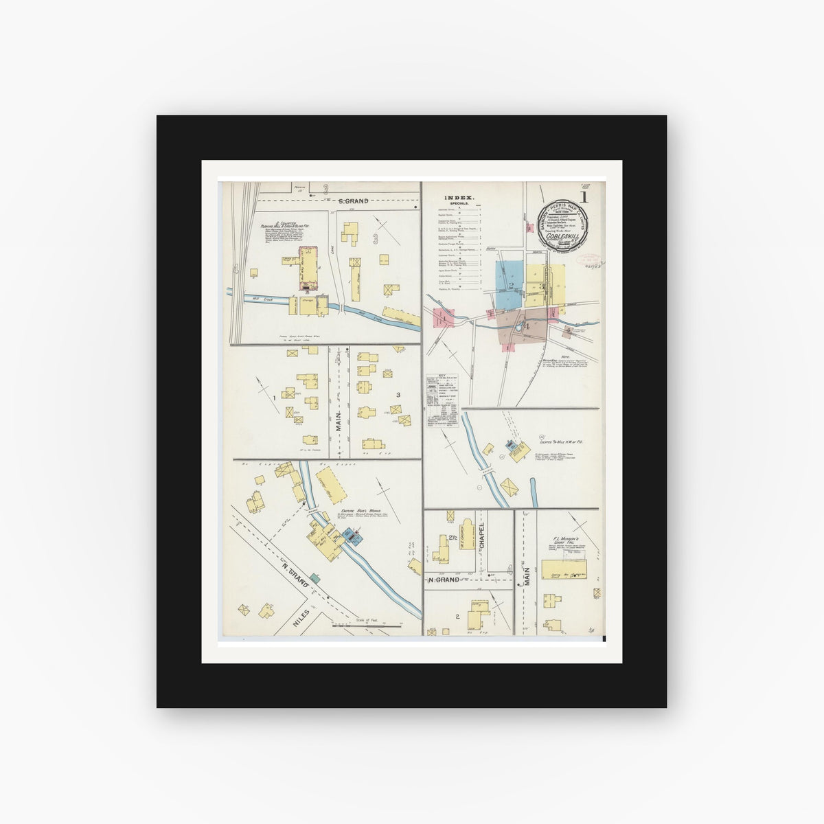 Old map wall art mockup — black gallery frame with white mat — Sanborn Fire Insurance Map from Cobleskill, Schoharie County, New York (1892) - Complete Map Set