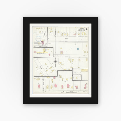 Old map wall art mockup — black gallery frame with white mat — Sanborn Fire Insurance Map from Whitewater, Walworth County, Wisconsin (1912), Sheet #0007