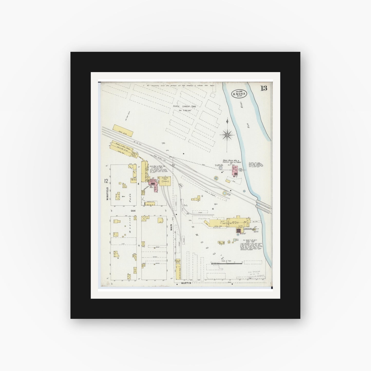 Old map wall art mockup — black gallery frame with white mat — Sanborn Fire Insurance Map from Anoka, Anoka County, Minnesota (1898), Sheet #0013