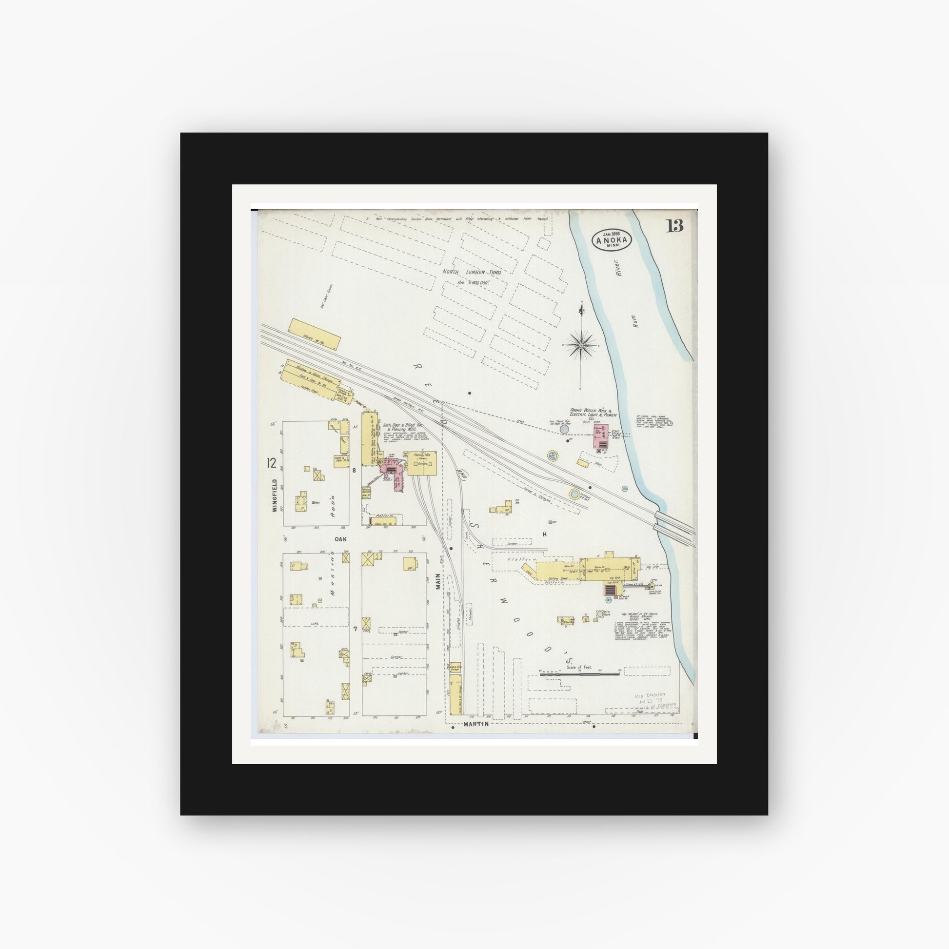 Old map wall art mockup — black gallery frame with white mat — Sanborn Fire Insurance Map from Anoka, Anoka County, Minnesota (1898), Sheet #0013