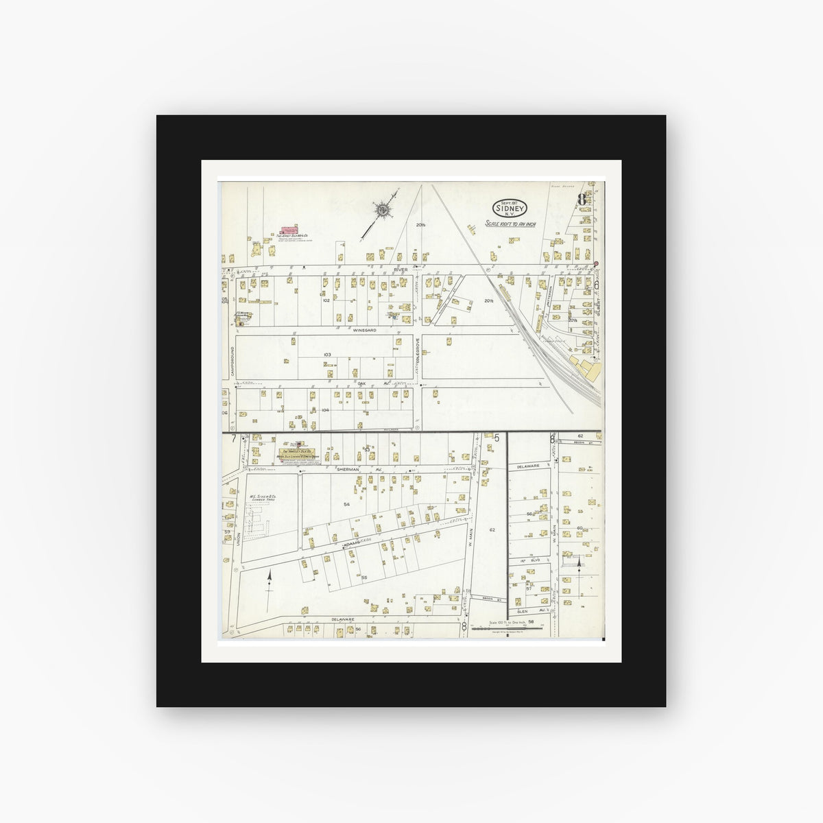 Old map wall art mockup — black gallery frame with white mat — Sanborn Fire Insurance Map from Sidney, Delaware County, New York (1917), Sheet #0008