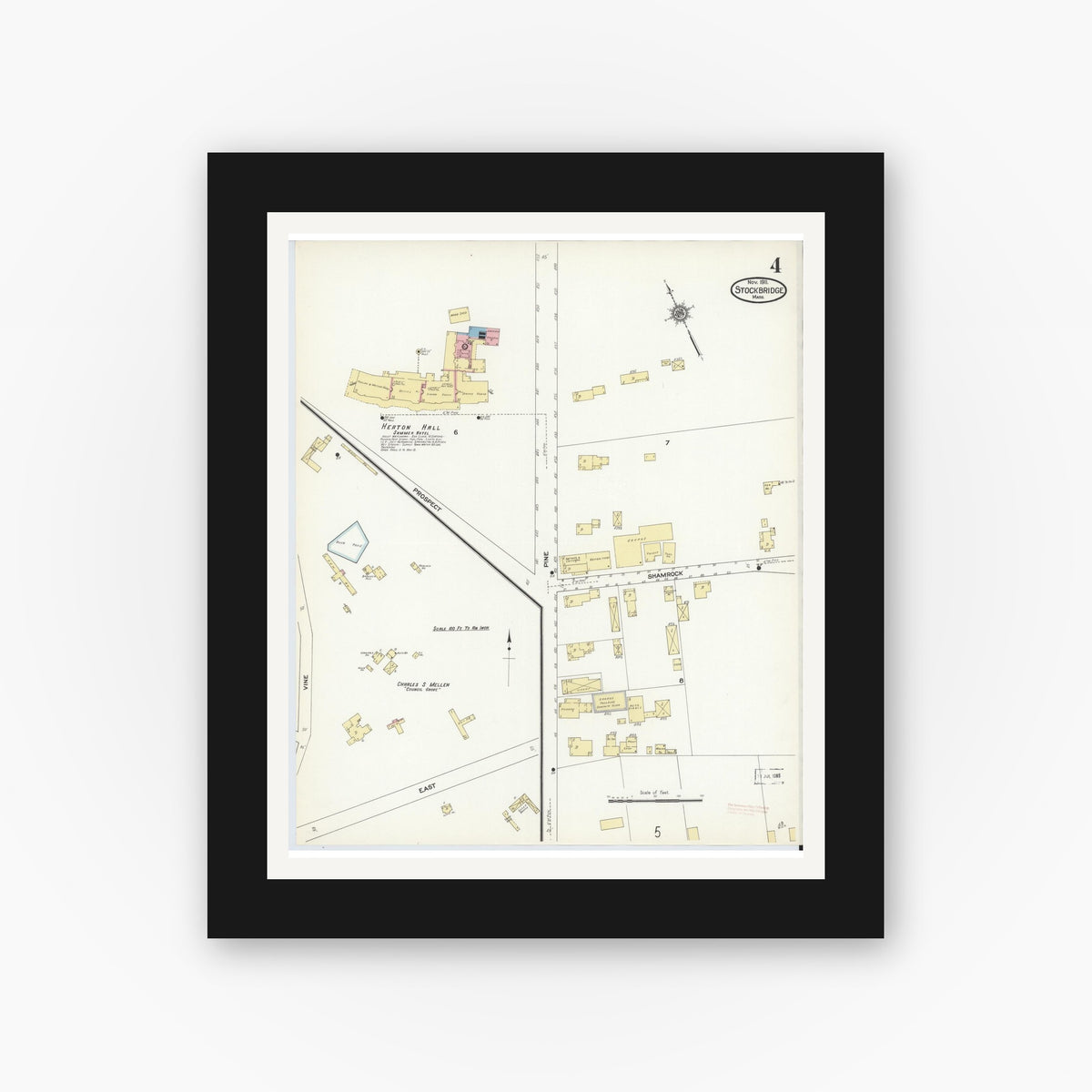 Old map wall art mockup — black gallery frame with white mat — Sanborn Fire Insurance Map from Stockbridge, Berkshire County, Massachusetts (1911), Sheet #0004