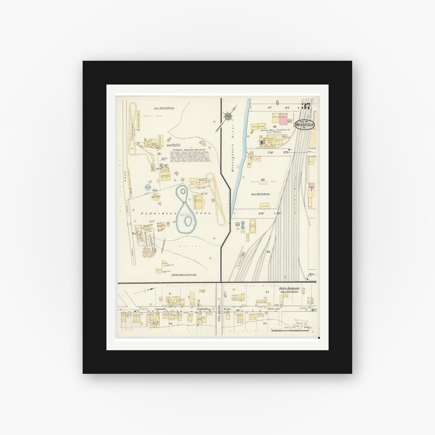 Old map wall art mockup — black gallery frame with white mat — Sanborn Fire Insurance Map from Braddock, Allegheny County, Pennsylvania (1914), Sheet #0037