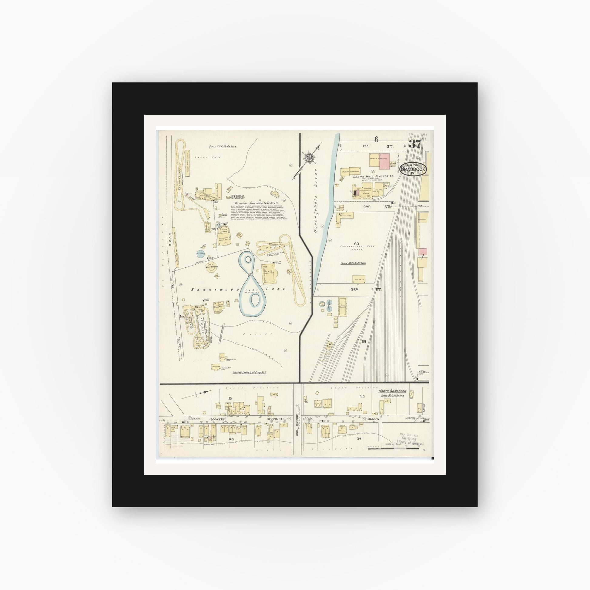 Old map wall art mockup — black gallery frame with white mat — Sanborn Fire Insurance Map from Braddock, Allegheny County, Pennsylvania (1914), Sheet #0037