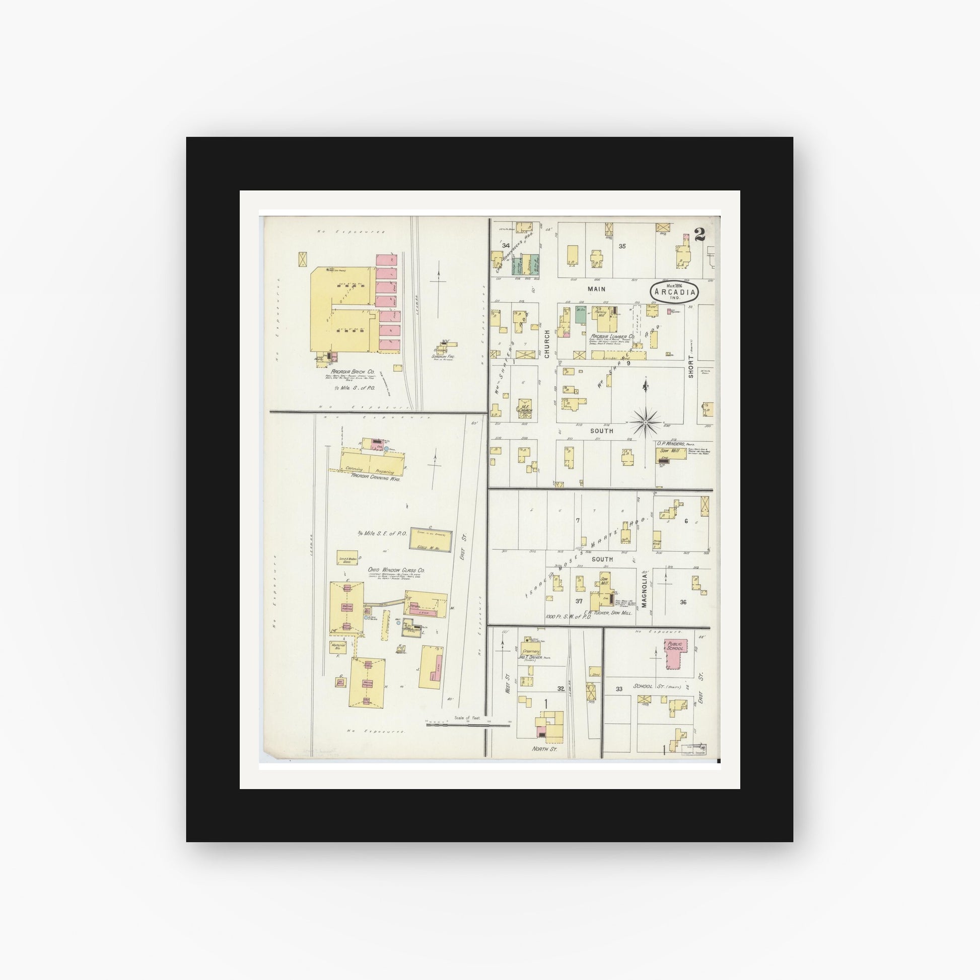 Old map wall art mockup — black gallery frame with white mat — Sanborn Fire Insurance Map from Arcadia, Hamilton County, Indiana (1896), Sheet #0002