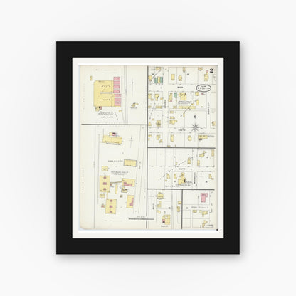 Old map wall art mockup — black gallery frame with white mat — Sanborn Fire Insurance Map from Arcadia, Hamilton County, Indiana (1896), Sheet #0002