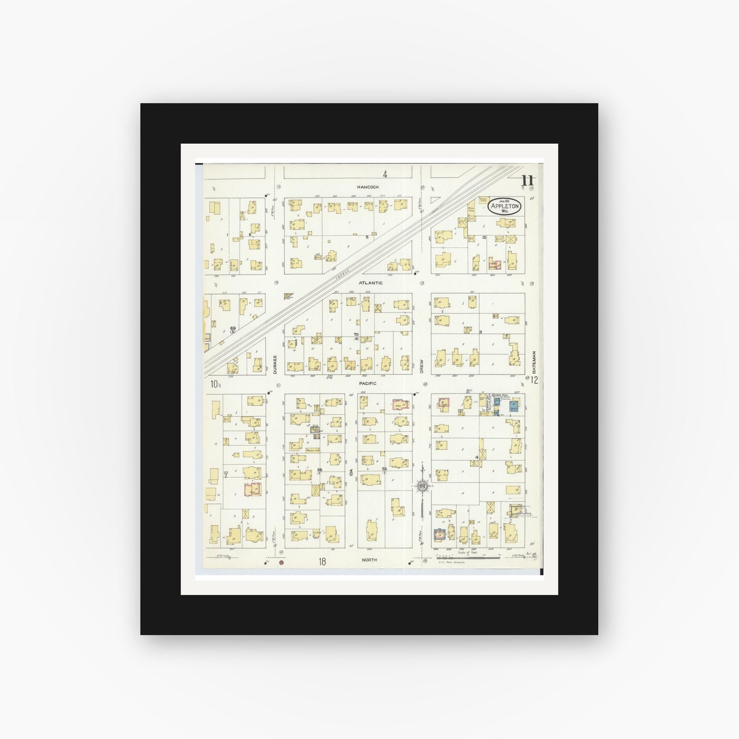 Old map wall art mockup — black gallery frame with white mat — Sanborn Fire Insurance Map from Appleton, Outagamie County, Wisconsin (1911), Sheet #0011