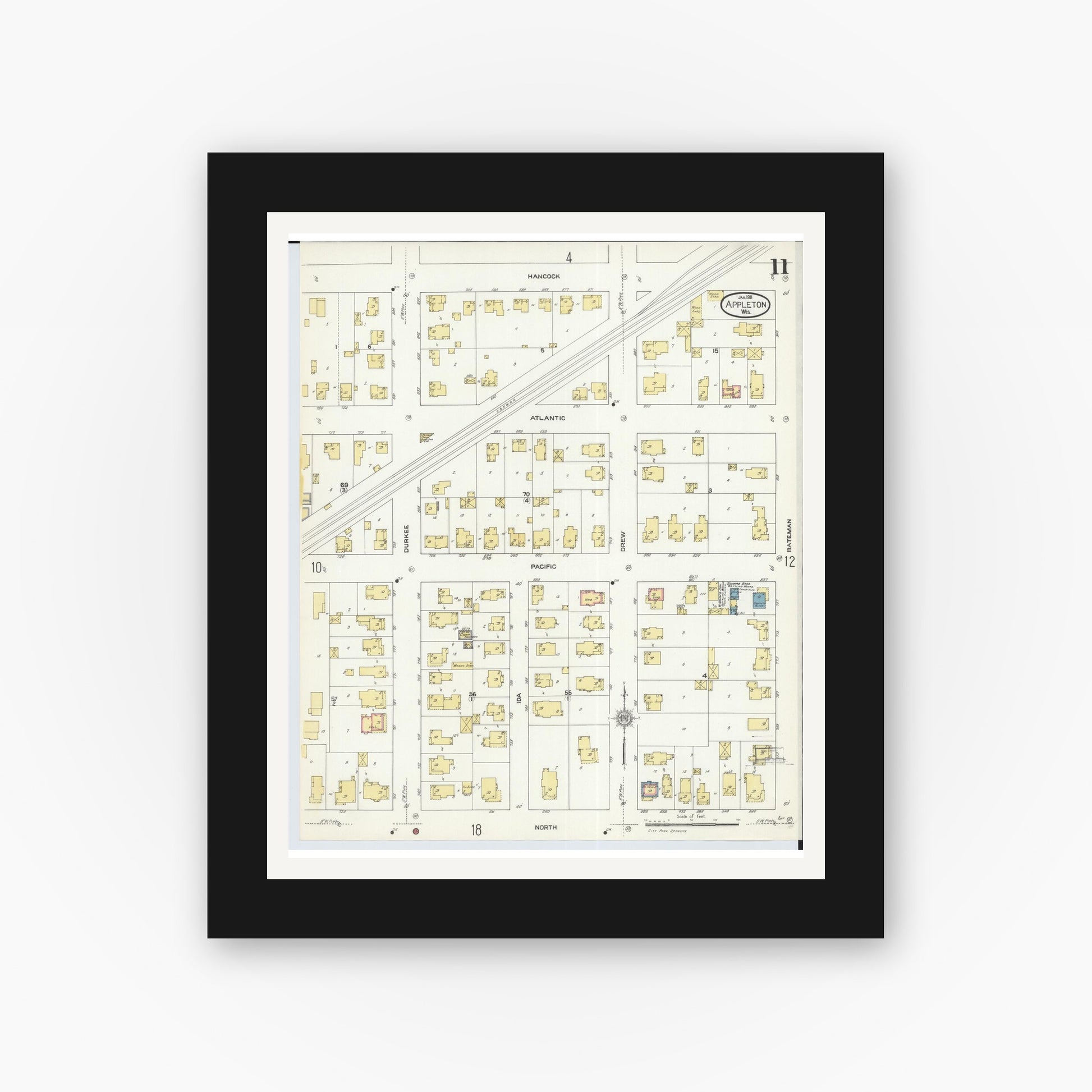 Old map wall art mockup — black gallery frame with white mat — Sanborn Fire Insurance Map from Appleton, Outagamie County, Wisconsin (1911), Sheet #0011