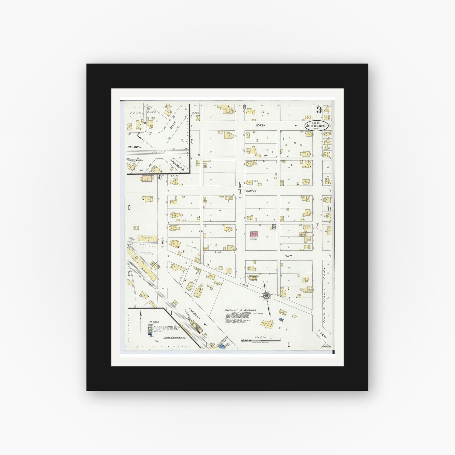 Old map wall art mockup — black gallery frame with white mat — Sanborn Fire Insurance Map from Jeffersonville, Fayette County, Ohio (1921), Sheet #0003