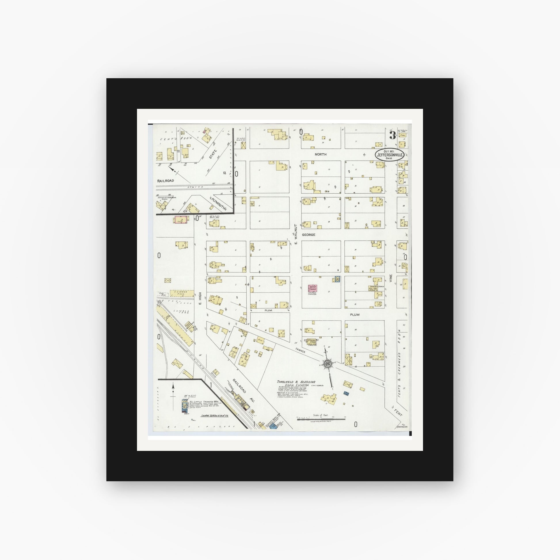 Old map wall art mockup — black gallery frame with white mat — Sanborn Fire Insurance Map from Jeffersonville, Fayette County, Ohio (1921), Sheet #0003