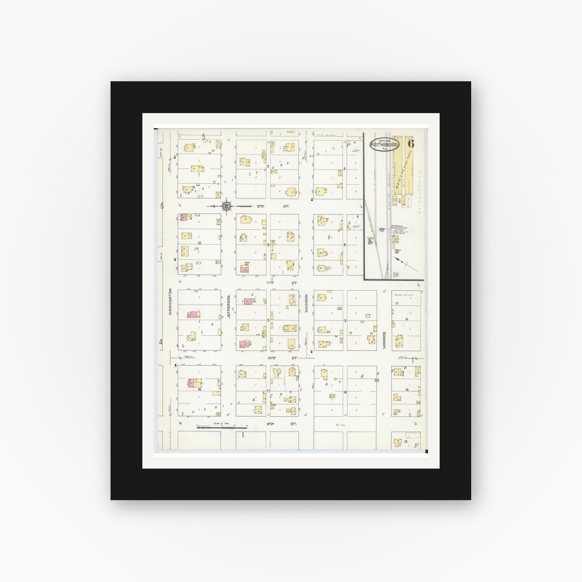Old map wall art mockup — black gallery frame with white mat — Sanborn Fire Insurance Map from Keithsburg, Mercer County, Illinois (1913), Sheet #0006