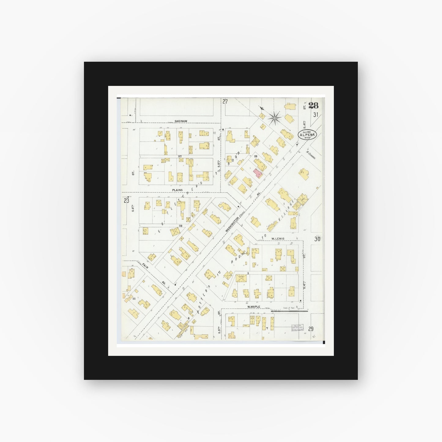 Old map wall art mockup — black gallery frame with white mat — Sanborn Fire Insurance Map from Alpena, Alpena County, Michigan (1901), Sheet #0028