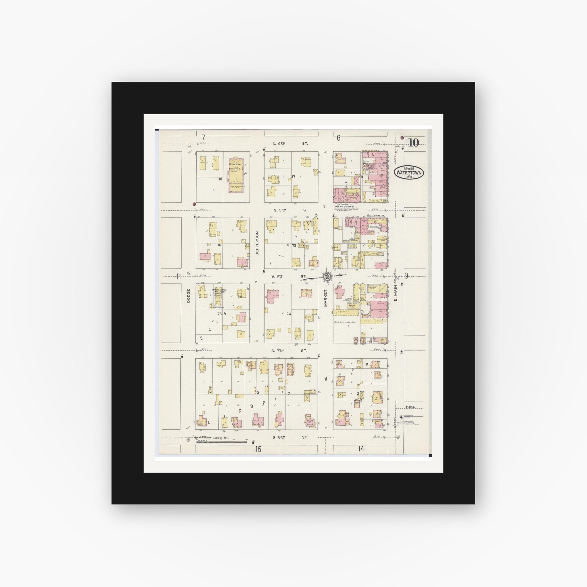 Old map wall art mockup — black gallery frame with white mat — Sanborn Fire Insurance Map from Watertown, Jefferson County, Wisconsin (1915), Sheet #0011