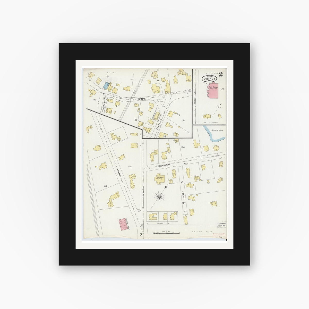 Old map wall art mockup — black gallery frame with white mat — Sanborn Fire Insurance Map from Quincy, Norfolk County, Massachusetts (1896), Sheet #0002