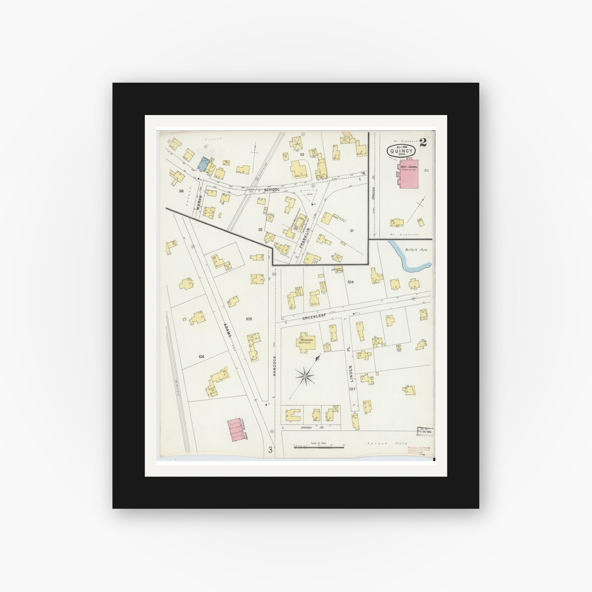 Old map wall art mockup — black gallery frame with white mat — Sanborn Fire Insurance Map from Quincy, Norfolk County, Massachusetts (1896), Sheet #0002
