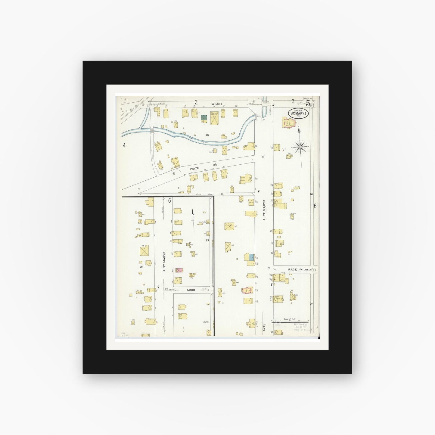 Old map wall art mockup — black gallery frame with white mat — Sanborn Fire Insurance Map from Saint Marys, Elk County, Pennsylvania (1909), Sheet #0005