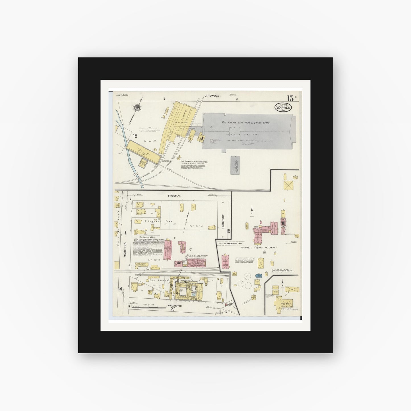 Old map wall art mockup — black gallery frame with white mat — Sanborn Fire Insurance Map from Warren, Trumbull County, Ohio (1915), Sheet #0015