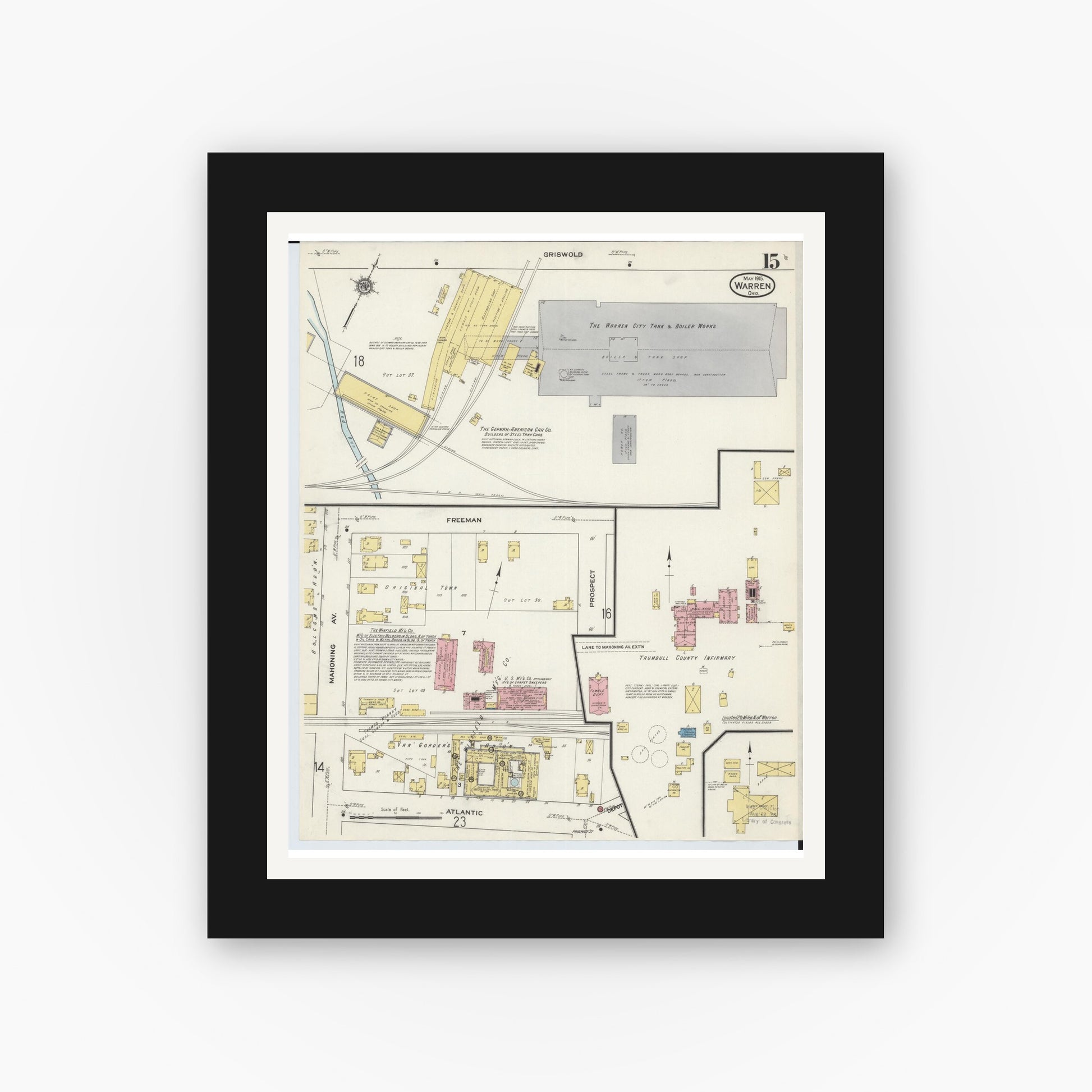 Old map wall art mockup — black gallery frame with white mat — Sanborn Fire Insurance Map from Warren, Trumbull County, Ohio (1915), Sheet #0015