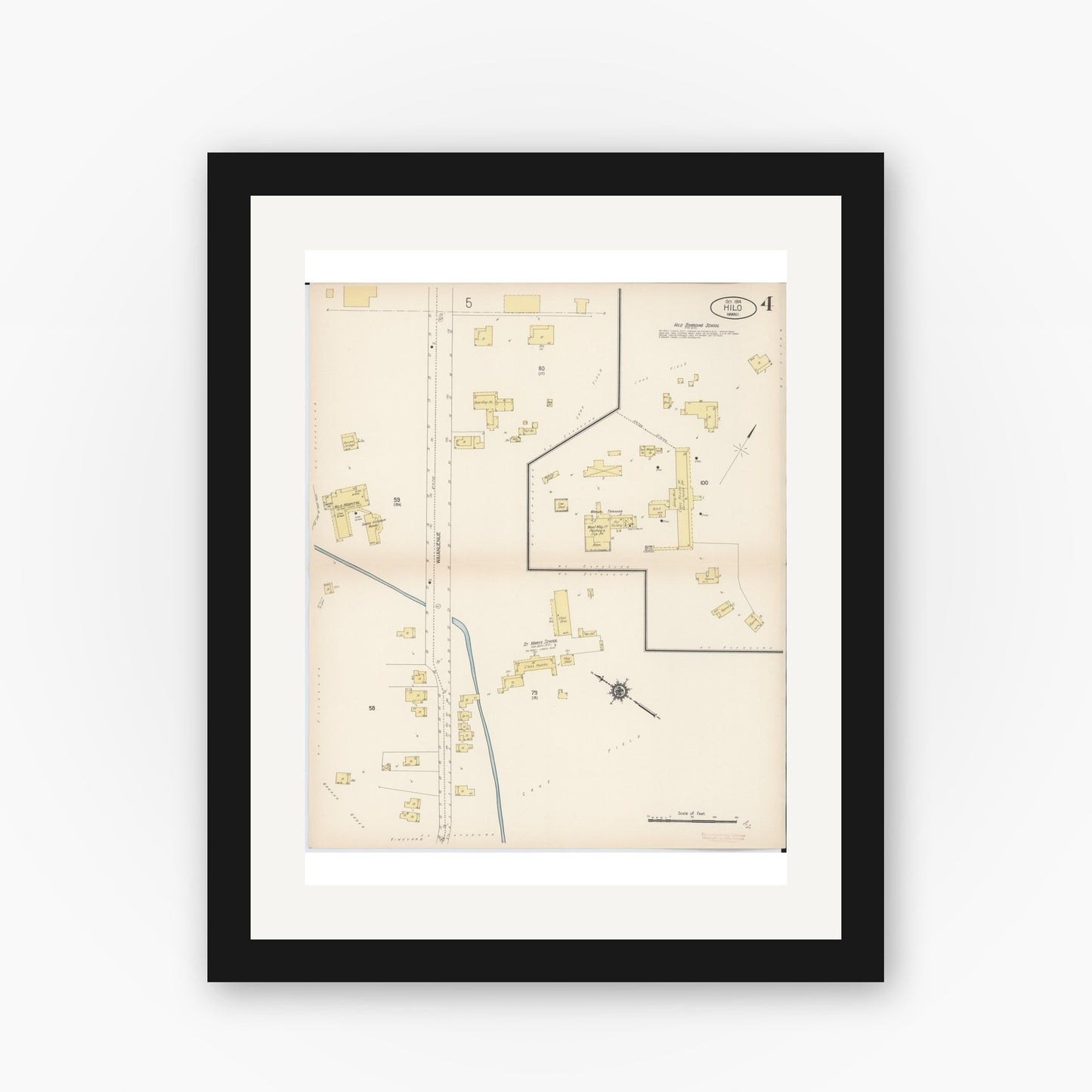 Old map wall art mockup — black gallery frame with white mat — Sanborn Fire Insurance Map from Hilo, Hawaii County, Hawaii (1914), Sheet #0004