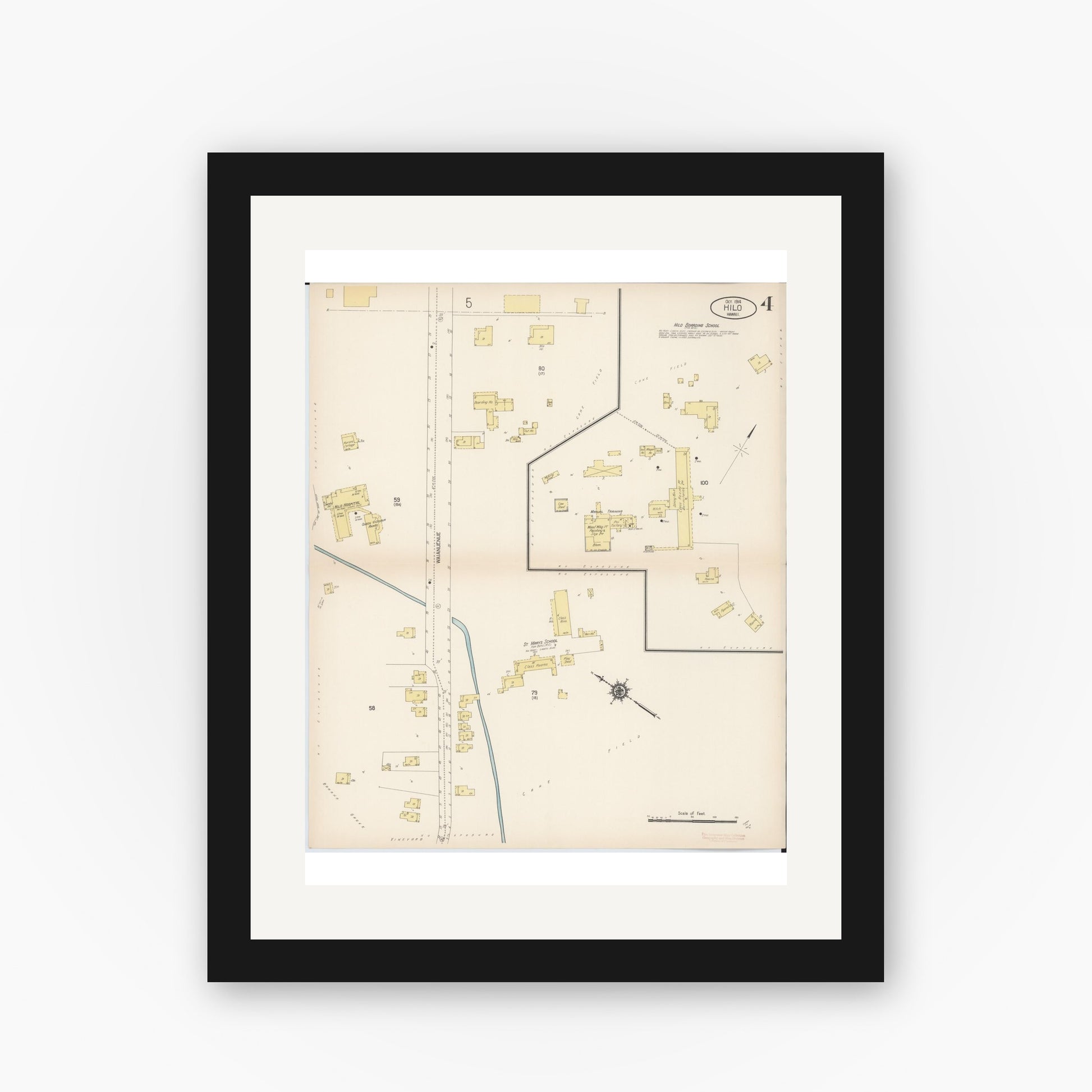 Old map wall art mockup — black gallery frame with white mat — Sanborn Fire Insurance Map from Hilo, Hawaii County, Hawaii (1914), Sheet #0004