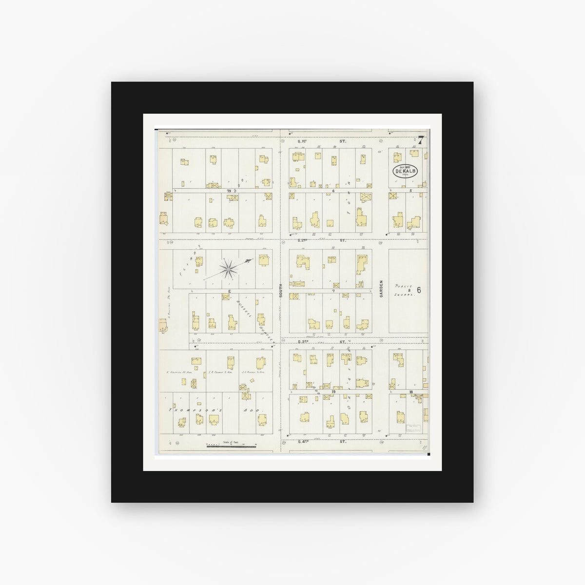 Old map wall art mockup — black gallery frame with white mat — Sanborn Fire Insurance Map from De Kalb, De Kalb County, Illinois (1897), Sheet #0007