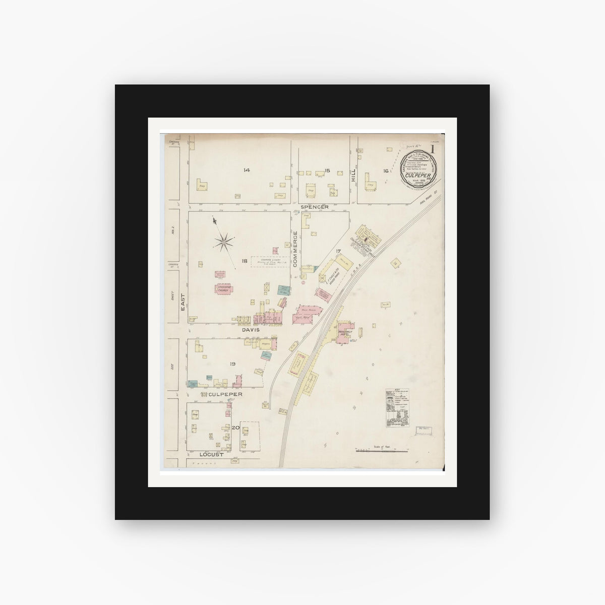 Old map wall art mockup — black gallery frame with white mat — Sanborn Fire Insurance Map from Culpeper, Culpeper County, Virginia (1886), Sheet #0001