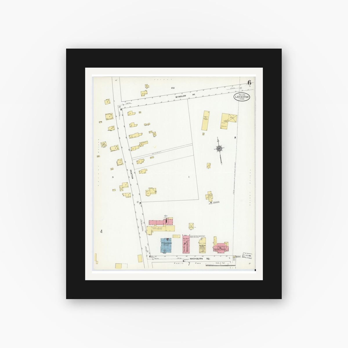Old map wall art mockup — black gallery frame with white mat — Sanborn Fire Insurance Map from Leicester, Worcester County, Massachusetts (1910), Sheet #0006