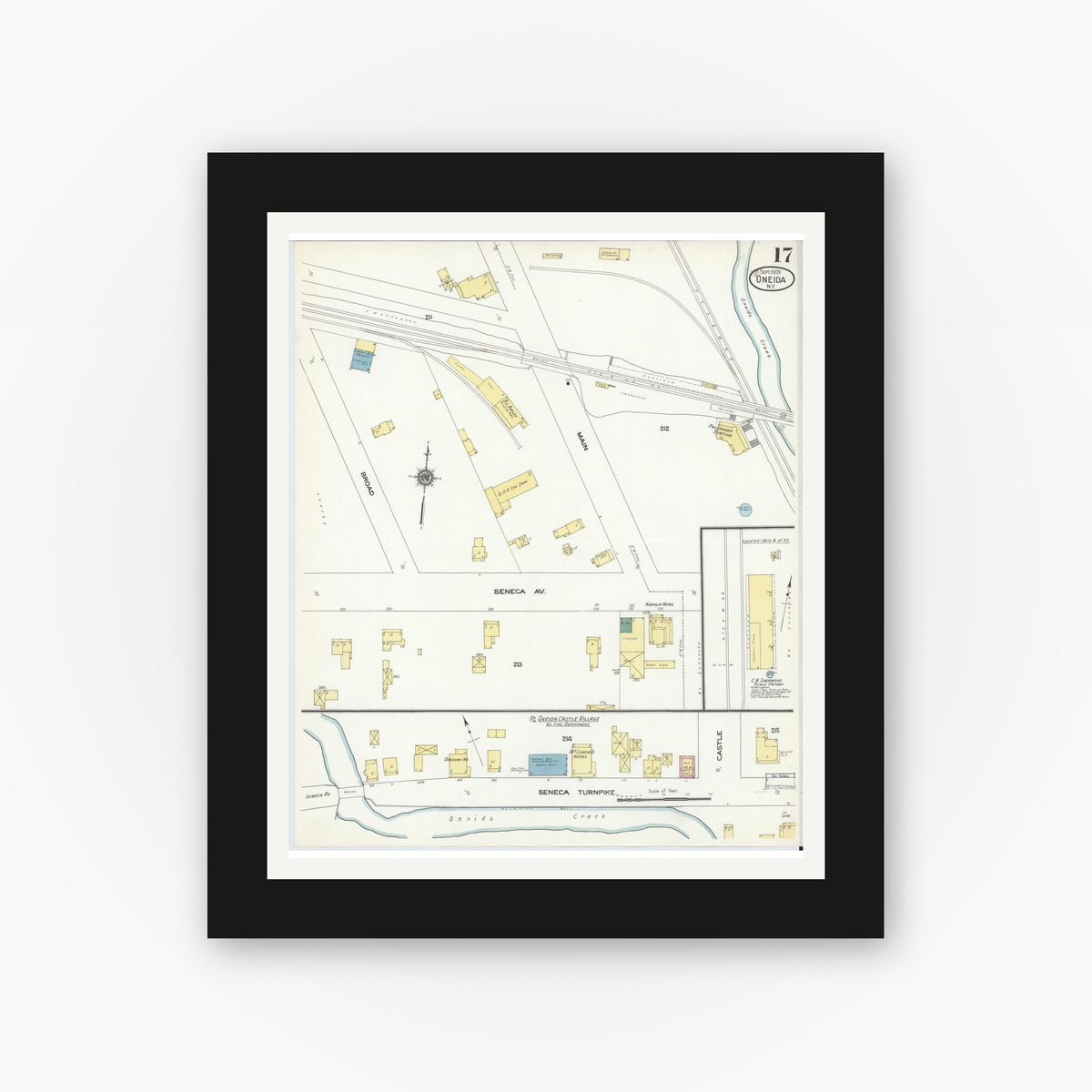 Old map wall art mockup — black gallery frame with white mat — Sanborn Fire Insurance Map from Oneida, Madison County, New York (1909), Sheet #0017