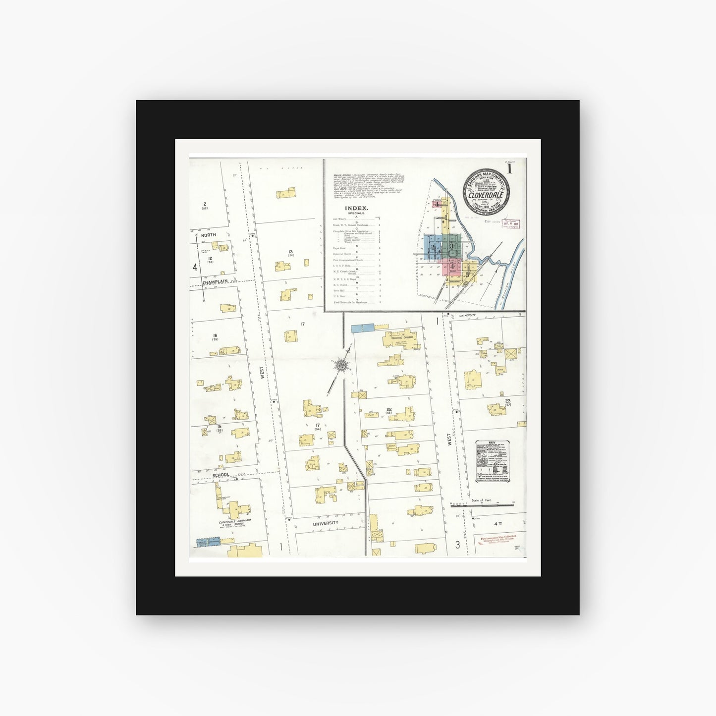 Old map wall art mockup — black gallery frame with white mat — Sanborn Fire Insurance Map from Cloverdale, Sonoma County, California (1911) - Complete Map Set