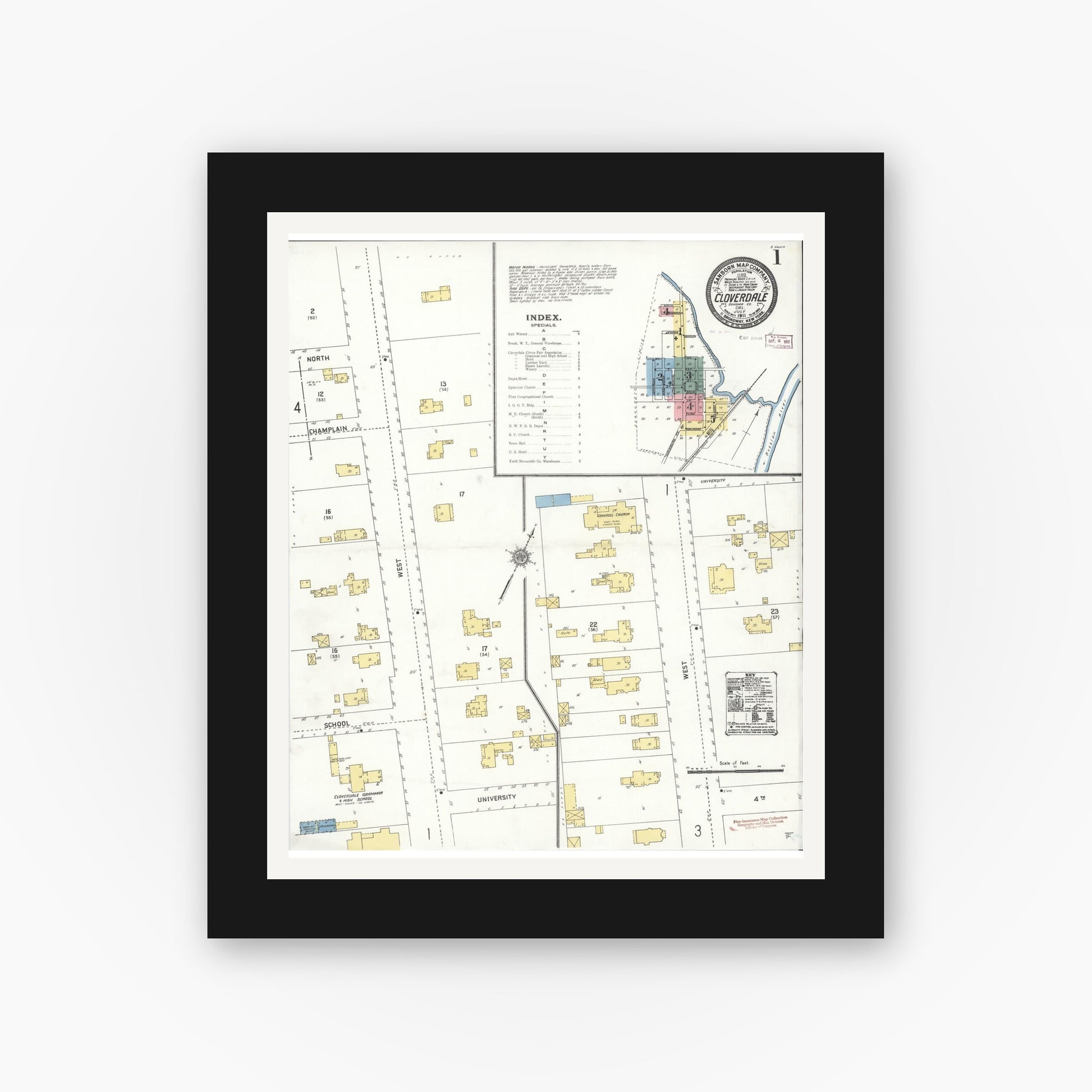Old map wall art mockup — black gallery frame with white mat — Sanborn Fire Insurance Map from Cloverdale, Sonoma County, California (1911) - Complete Map Set
