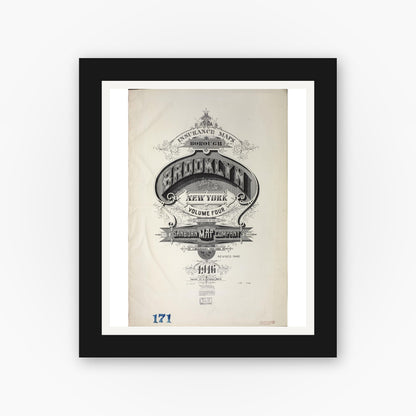 Old map wall art mockup — black gallery frame with white mat — Sanborn Fire Insurance Map from Brooklyn, Kings County, New York (1942), Sheet #0001