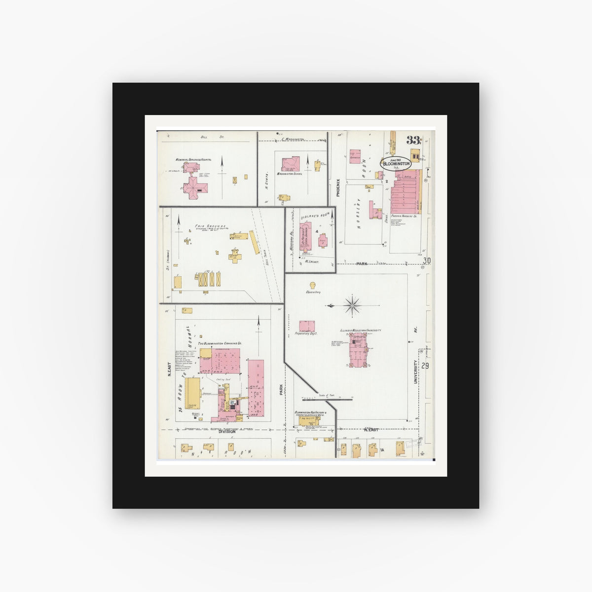 Old map wall art mockup — black gallery frame with white mat — Sanborn Fire Insurance Map from Bloomington, McLean County, Illinois (1901), Sheet #0033