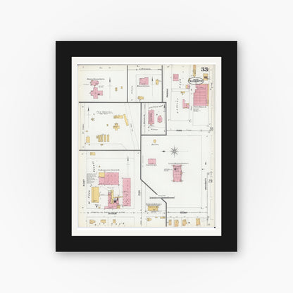 Old map wall art mockup — black gallery frame with white mat — Sanborn Fire Insurance Map from Bloomington, McLean County, Illinois (1901), Sheet #0033