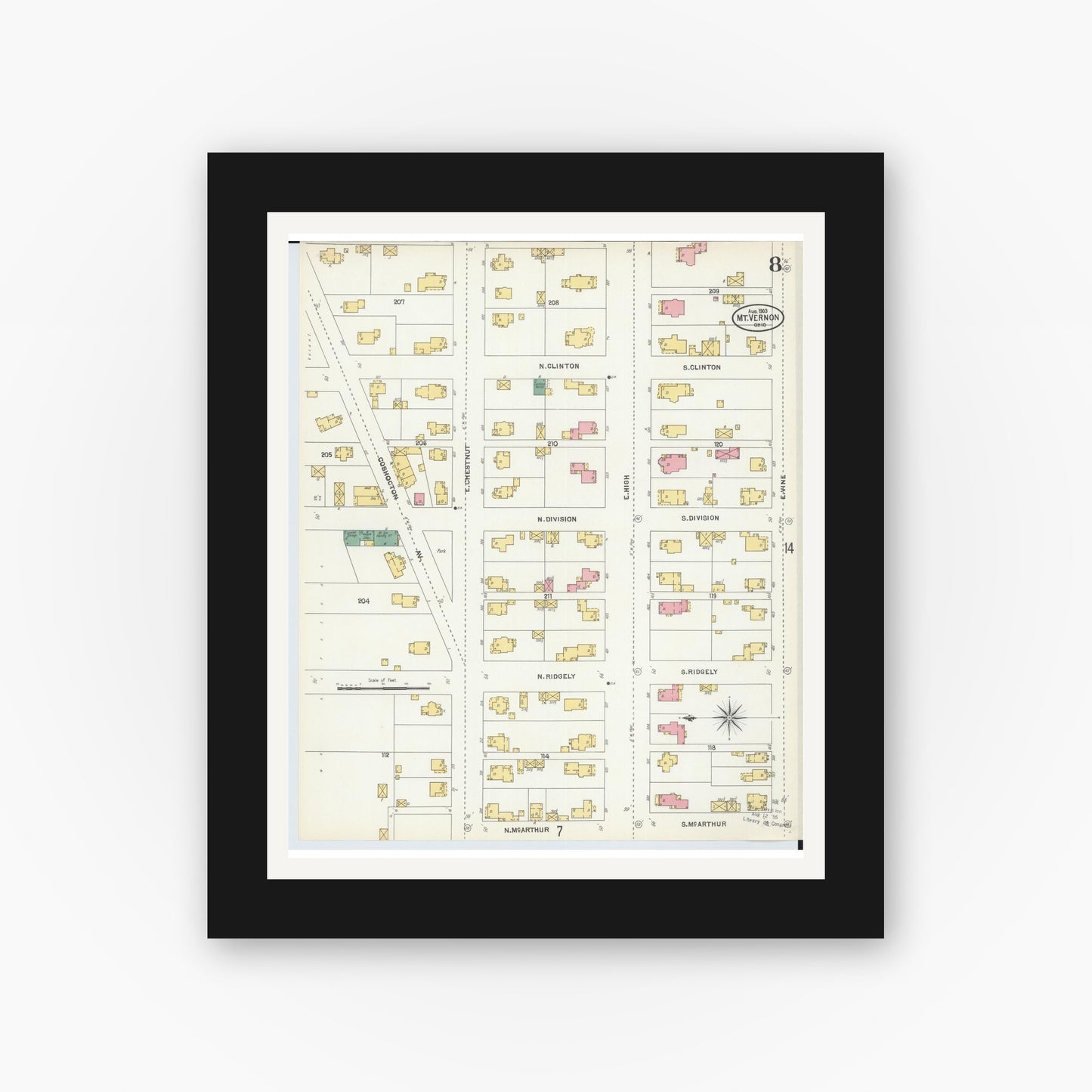 Old map wall art mockup — black gallery frame with white mat — Sanborn Fire Insurance Map from Mount Vernon, Knox County, Ohio (1903), Sheet #0008
