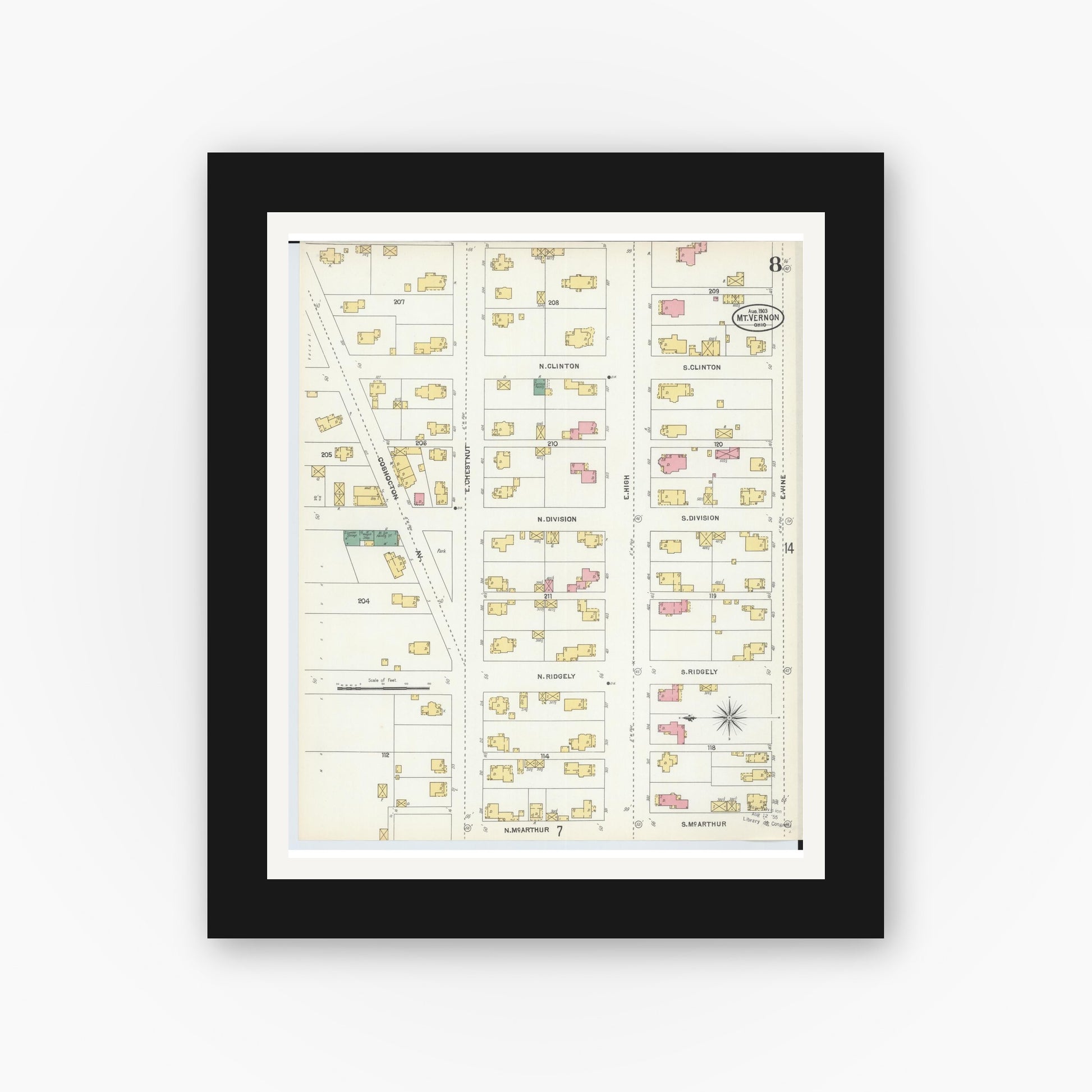Old map wall art mockup — black gallery frame with white mat — Sanborn Fire Insurance Map from Mount Vernon, Knox County, Ohio (1903), Sheet #0008