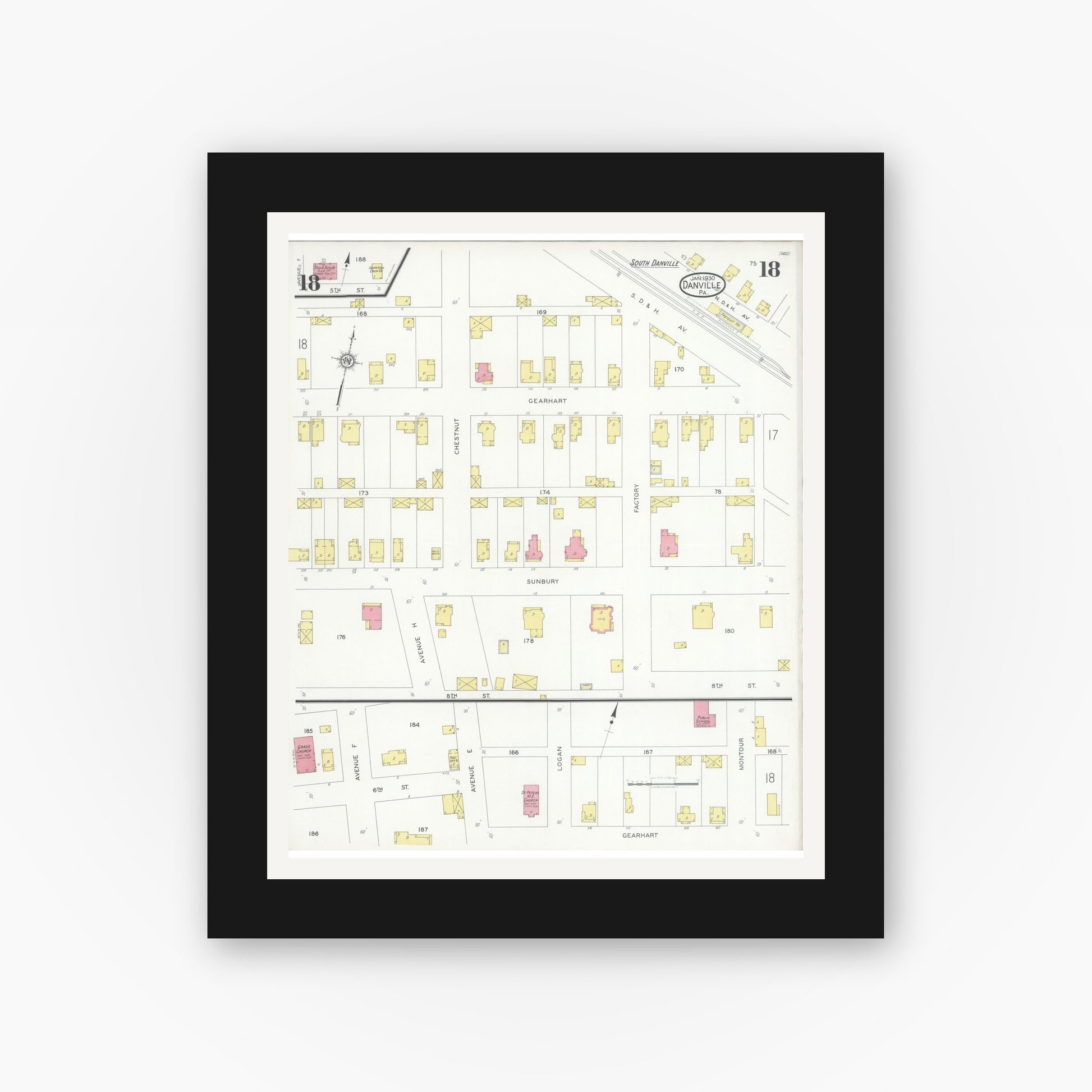 Old map wall art mockup — black gallery frame with white mat — Sanborn Fire Insurance Map from Danville, Montour County, Pennsylvania (1930), Sheet #0018