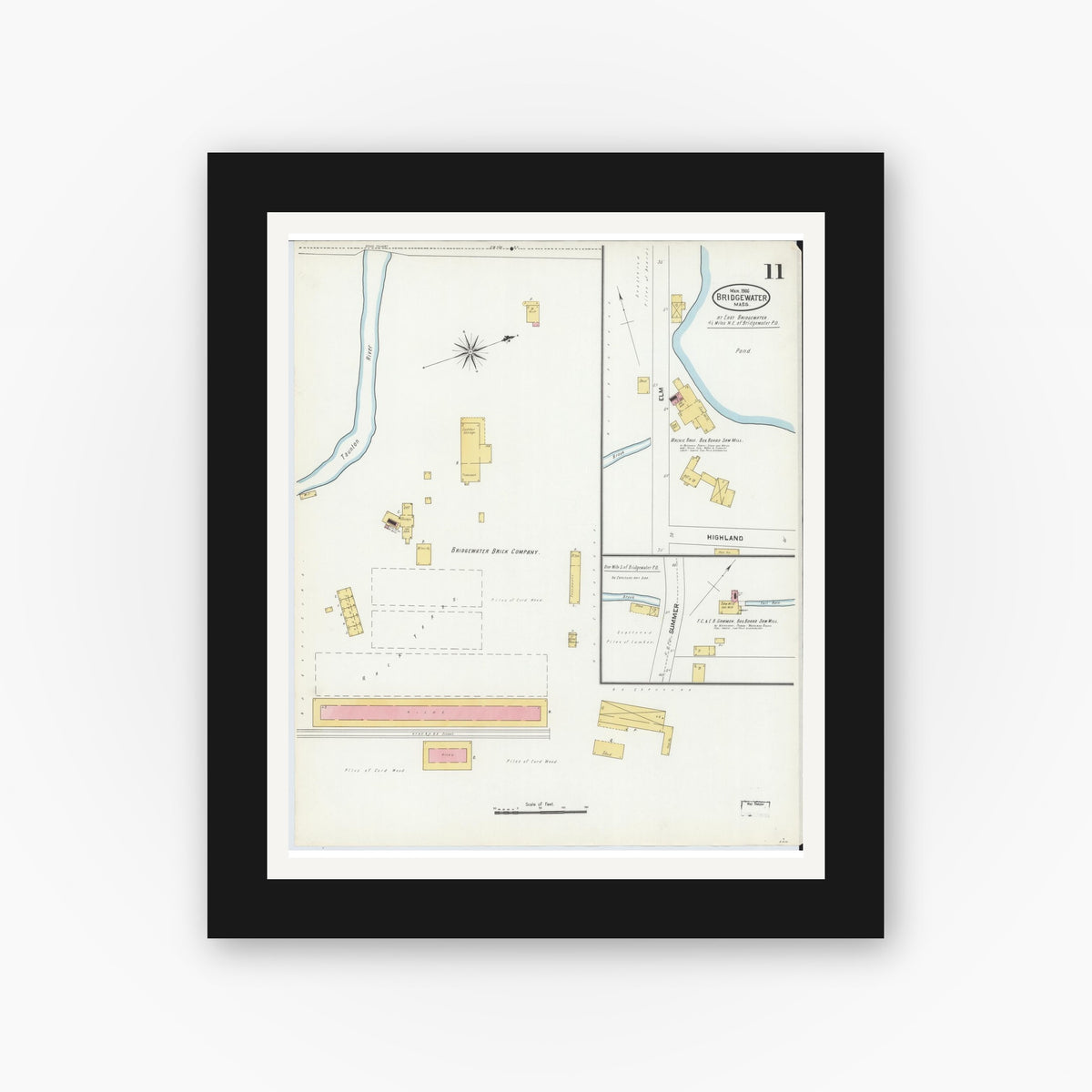 Old map wall art mockup — black gallery frame with white mat — Sanborn Fire Insurance Map from Bridgewater, Plymouth County, Massachusetts (1906), Sheet #0011