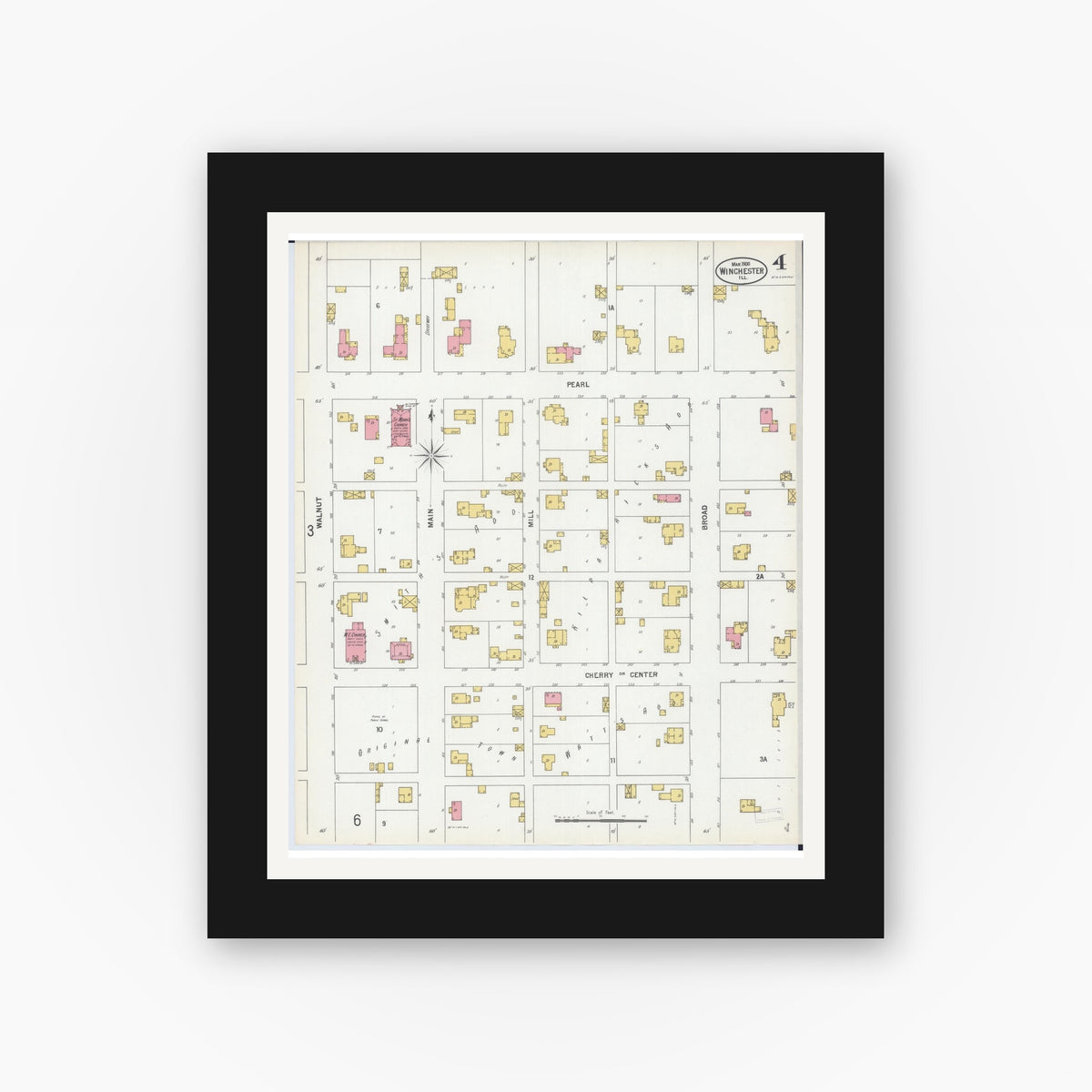 Old map wall art mockup — black gallery frame with white mat — Sanborn Fire Insurance Map from Winchester, Scott County, Illinois (1900), Sheet #0004