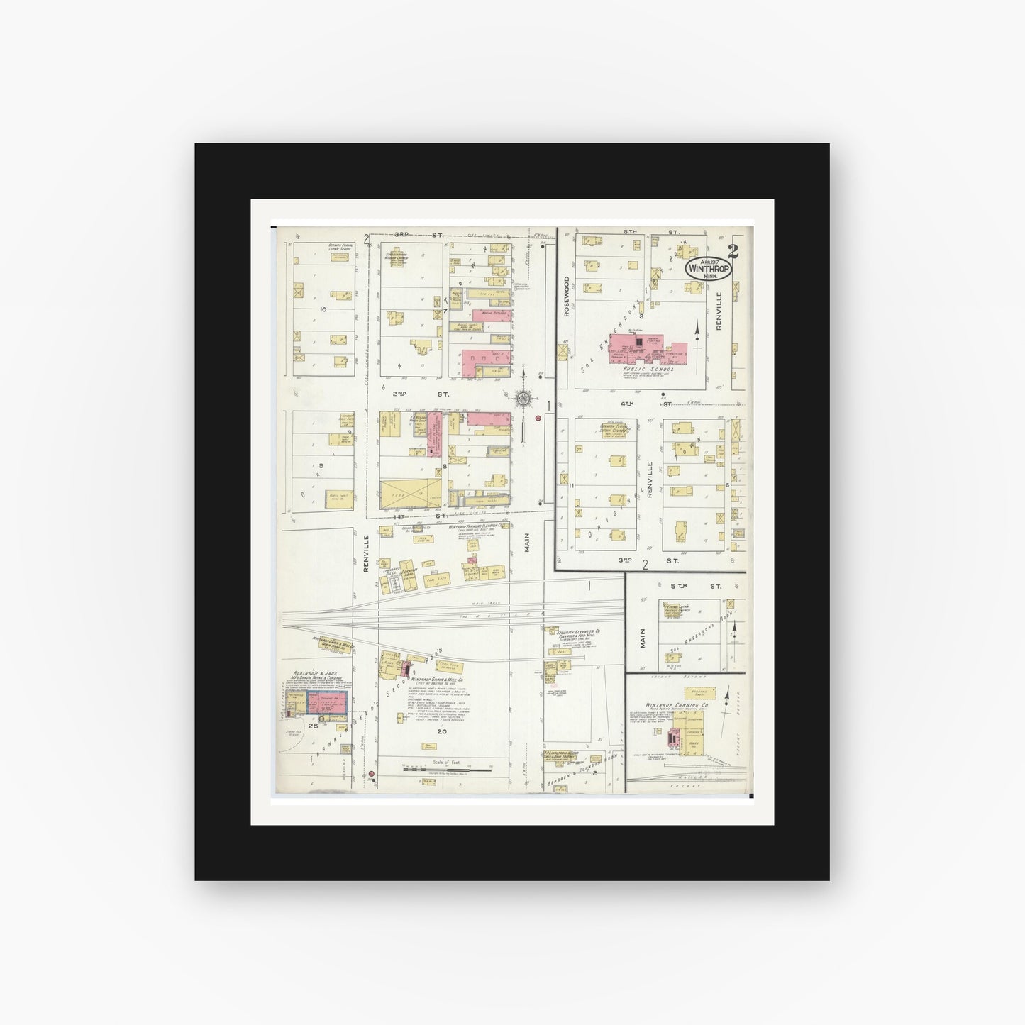Old map wall art mockup — black gallery frame with white mat — Sanborn Fire Insurance Map from Winthrop, Sibley County, Minnesota (1917), Sheet #0002