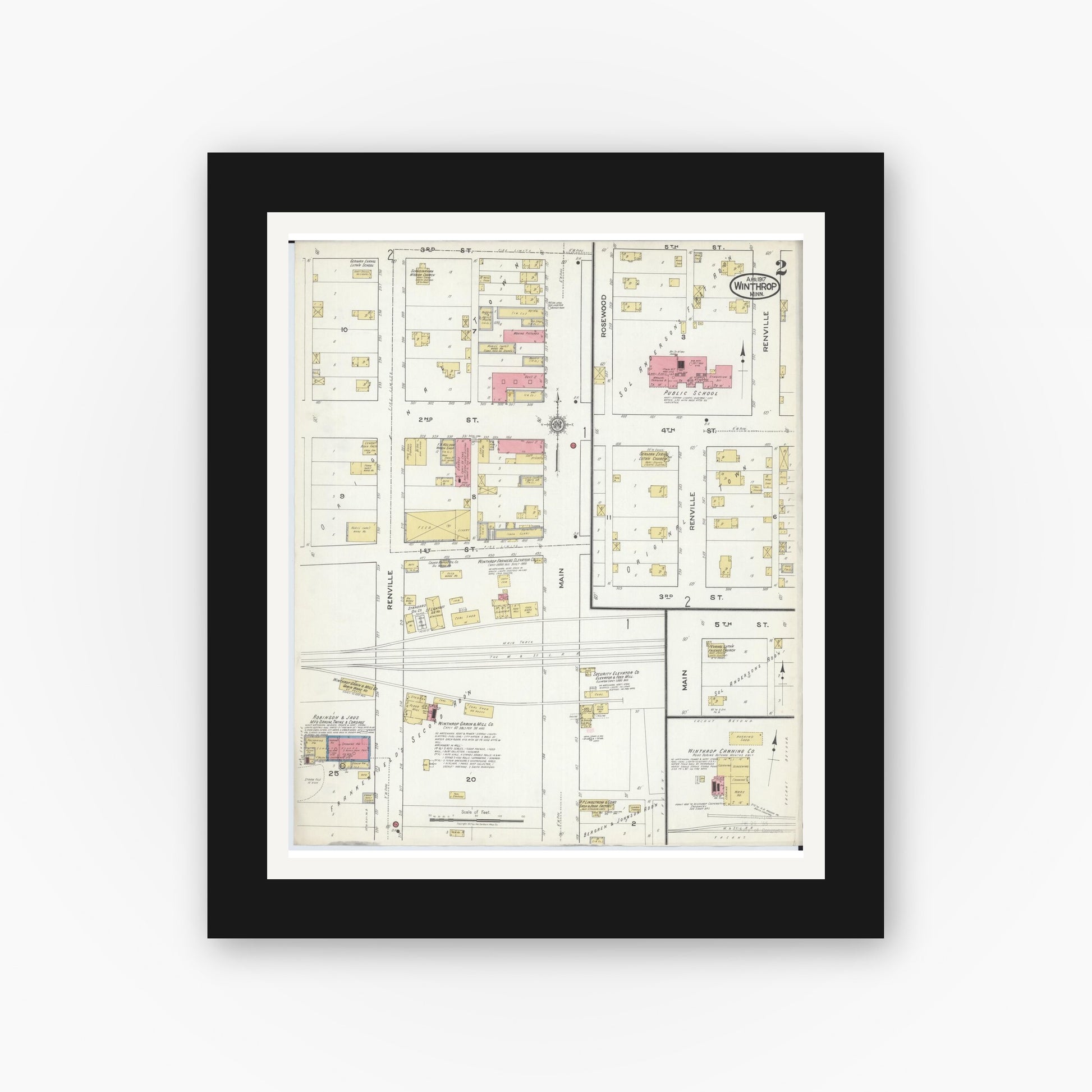 Old map wall art mockup — black gallery frame with white mat — Sanborn Fire Insurance Map from Winthrop, Sibley County, Minnesota (1917), Sheet #0002