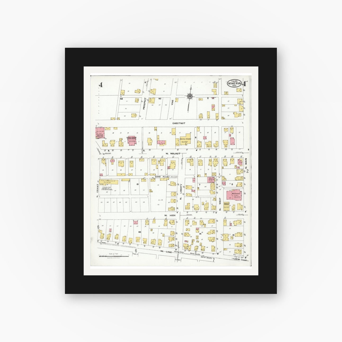 Old map wall art mockup — black gallery frame with white mat — Sanborn Fire Insurance Map from Minerva, Stark And Carroll Counties, Ohio (1925), Sheet #0004