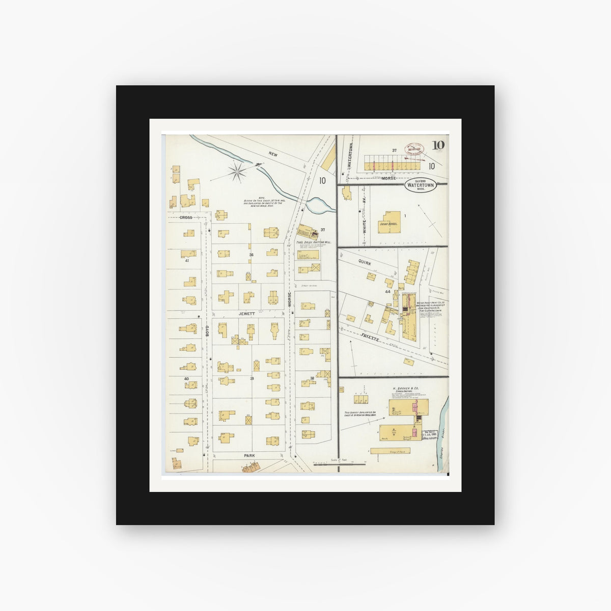 Old map wall art mockup — black gallery frame with white mat — Sanborn Fire Insurance Map from Watertown, Middlesex County, Massachusetts (1899), Sheet #0010