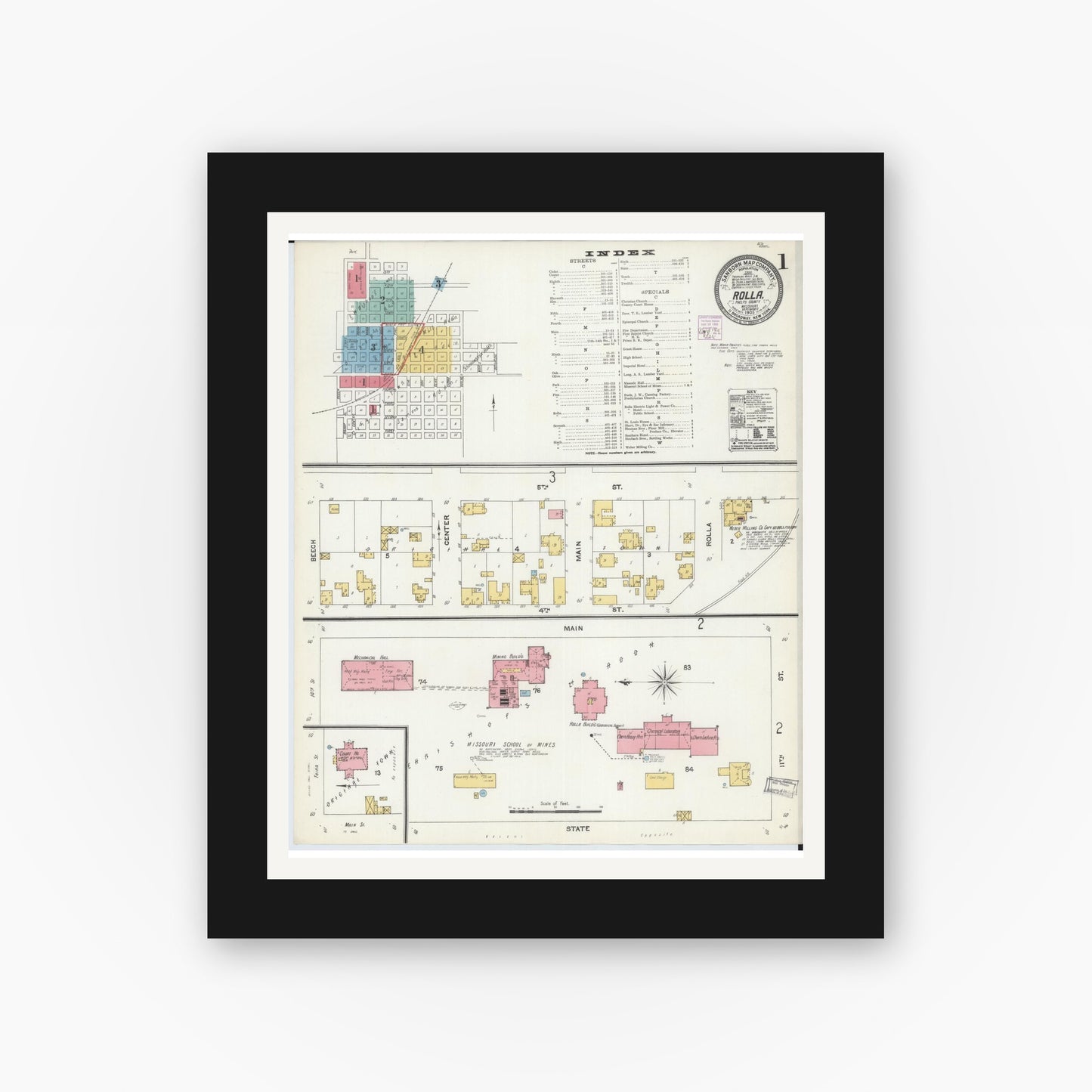 Old map wall art mockup — black gallery frame with white mat — Sanborn Fire Insurance Map from Rolla, Phelps County, Missouri (1905) - Complete Map Set