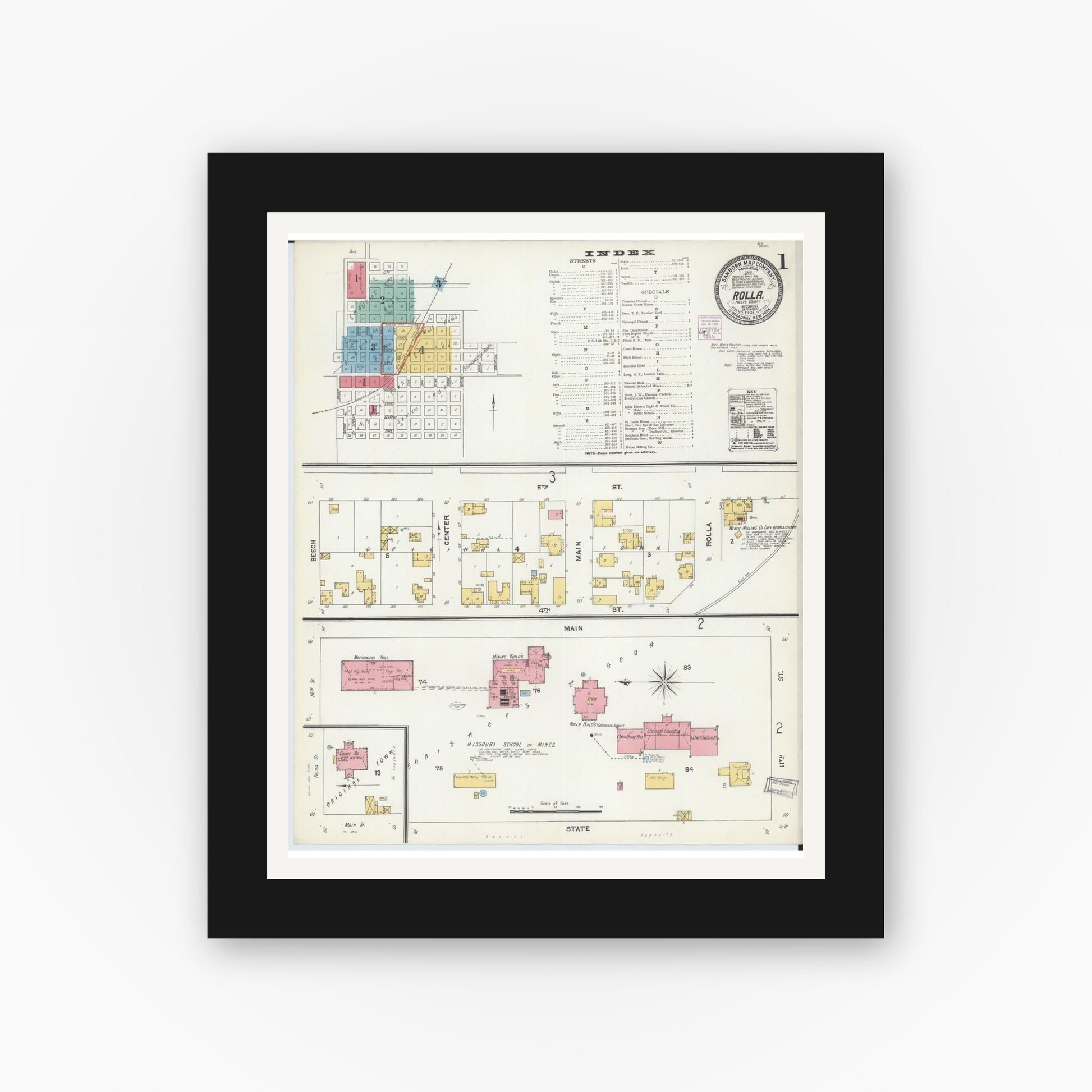 Old map wall art mockup — black gallery frame with white mat — Sanborn Fire Insurance Map from Rolla, Phelps County, Missouri (1905) - Complete Map Set