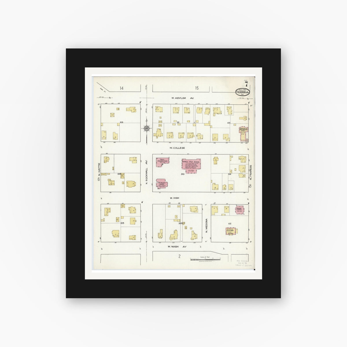 Old map wall art mockup — black gallery frame with white mat — Sanborn Fire Insurance Map from Terrell, Kaufman County, Texas (1921), Sheet #0007
